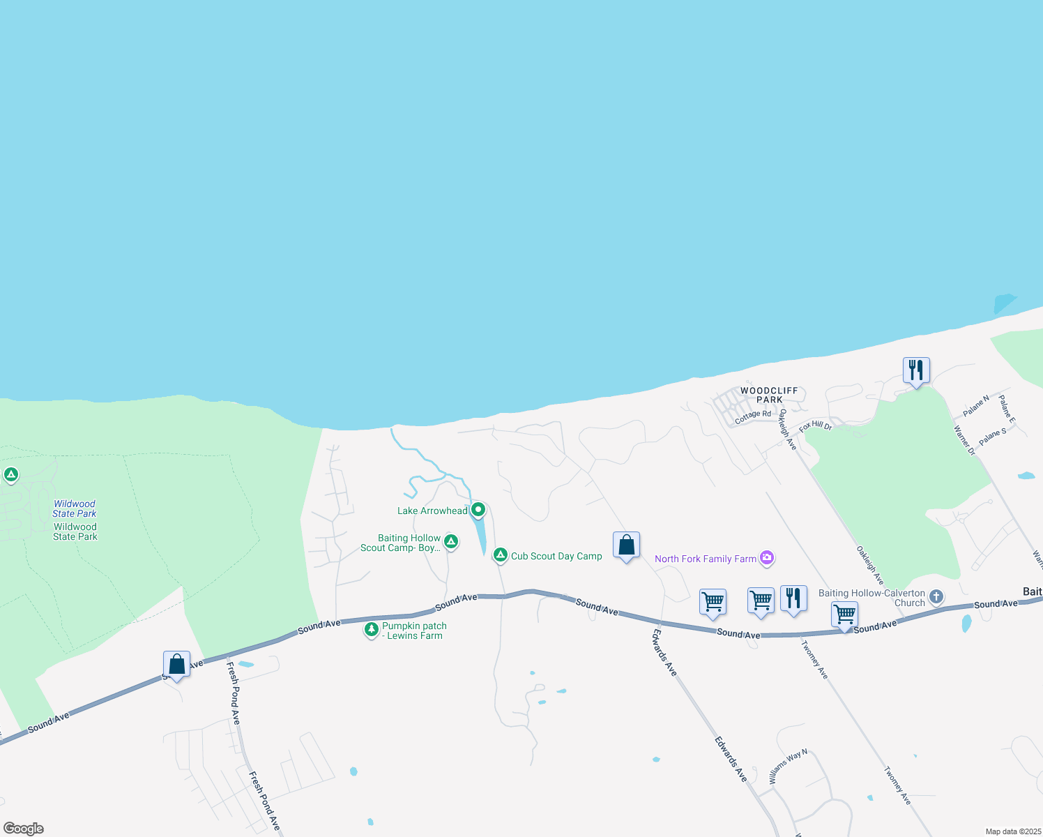 map of restaurants, bars, coffee shops, grocery stores, and more near 12 Cliff Way in Calverton