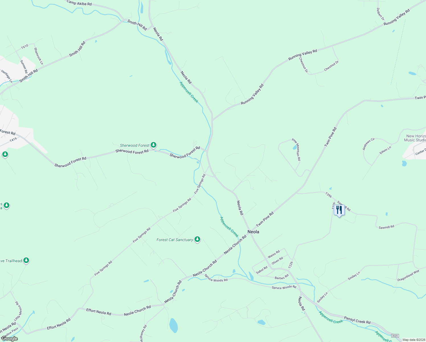 map of restaurants, bars, coffee shops, grocery stores, and more near 5736 Neola Road in Stroudsburg
