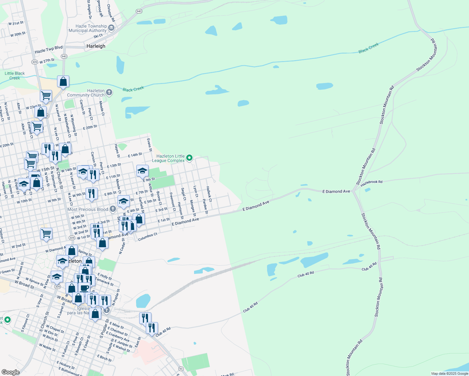 map of restaurants, bars, coffee shops, grocery stores, and more near 562 Hansel Street in Hazleton