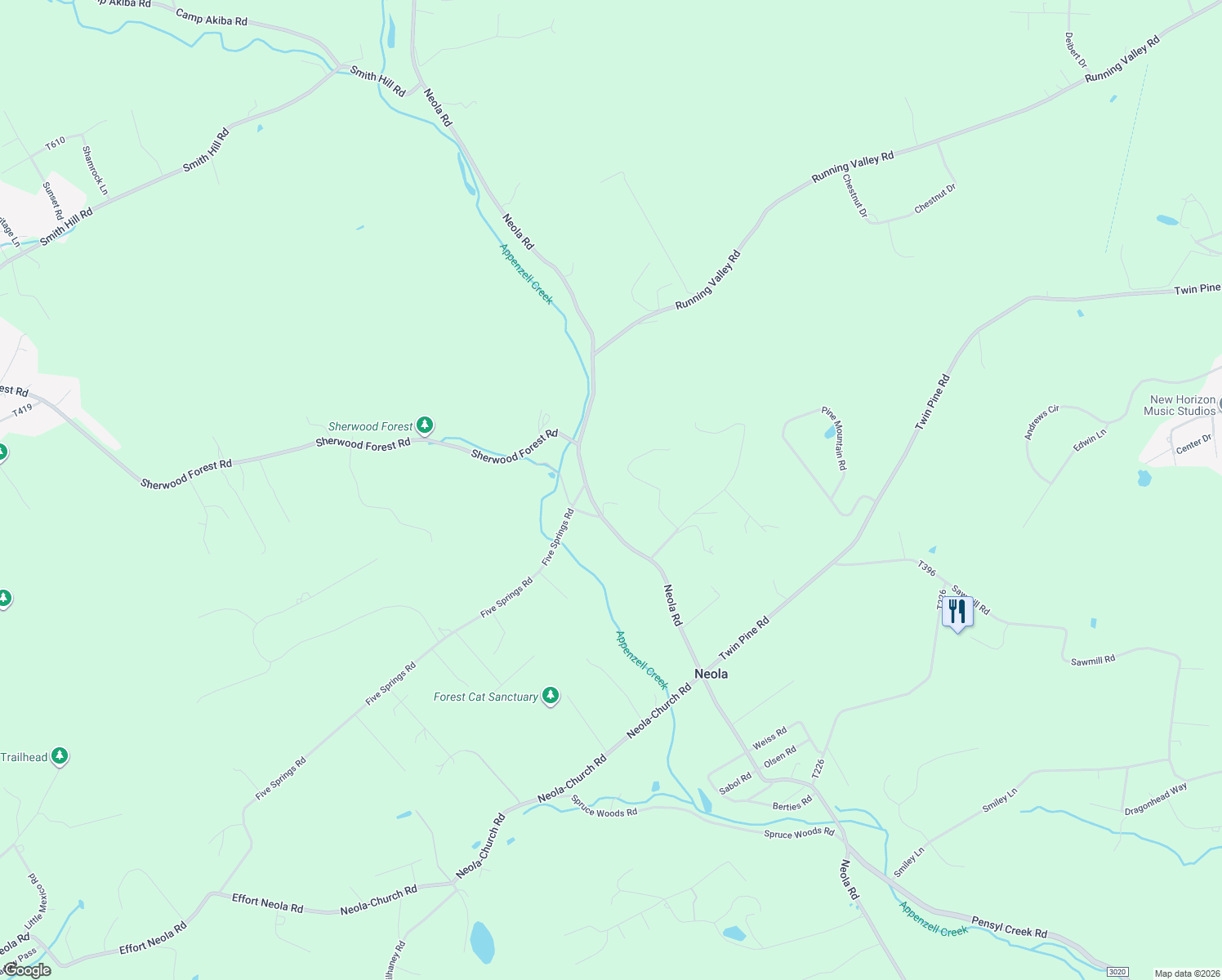 map of restaurants, bars, coffee shops, grocery stores, and more near 5736 Neola Road in Stroudsburg