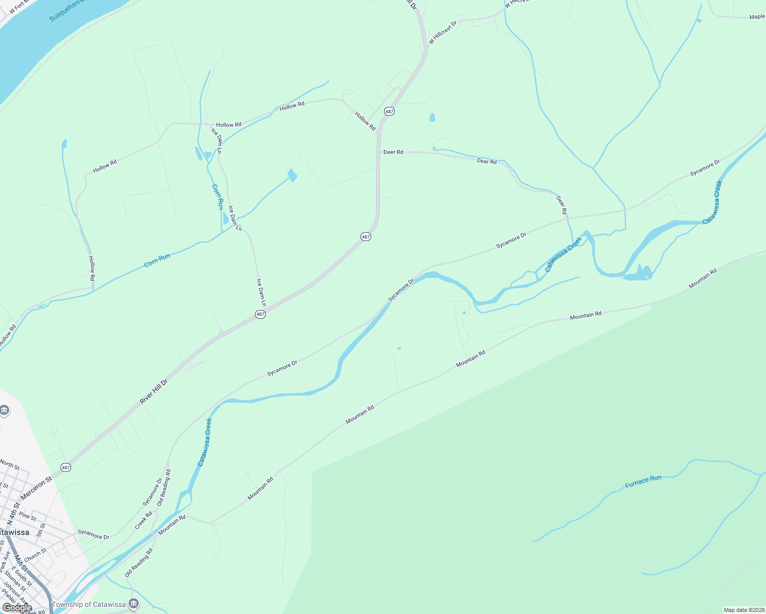 map of restaurants, bars, coffee shops, grocery stores, and more near Sycamore Drive in Catawissa