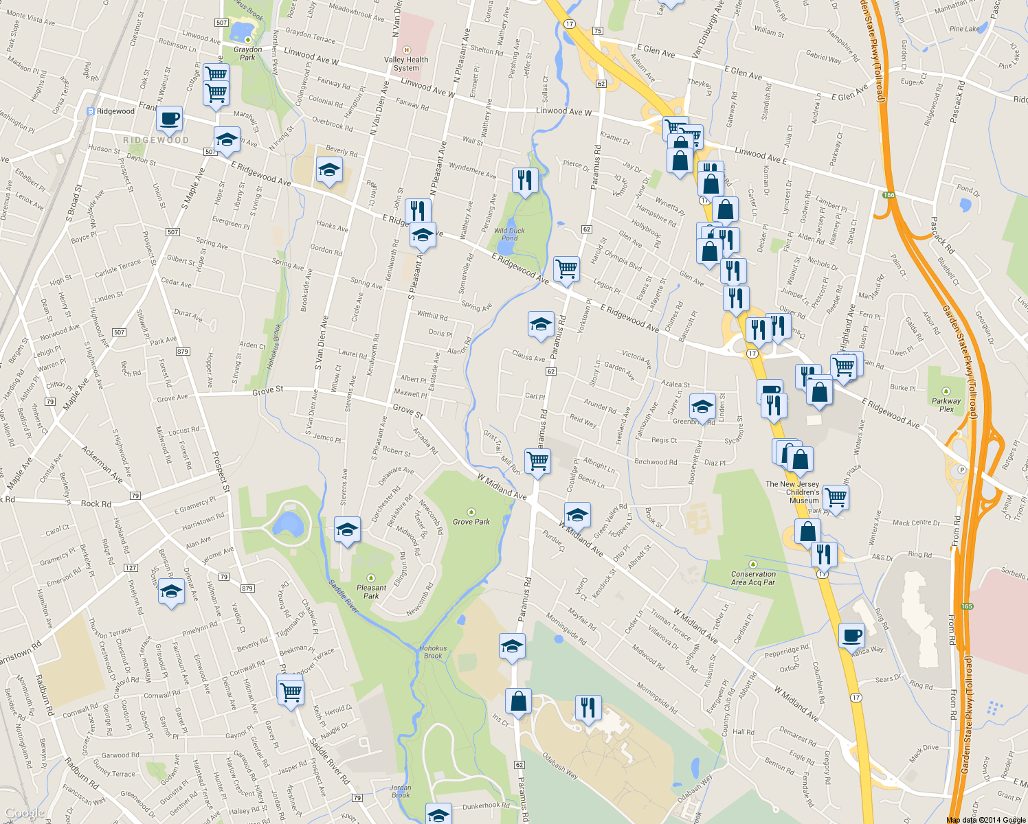 map of restaurants, bars, coffee shops, grocery stores, and more near 593 Mazur Avenue in Paramus