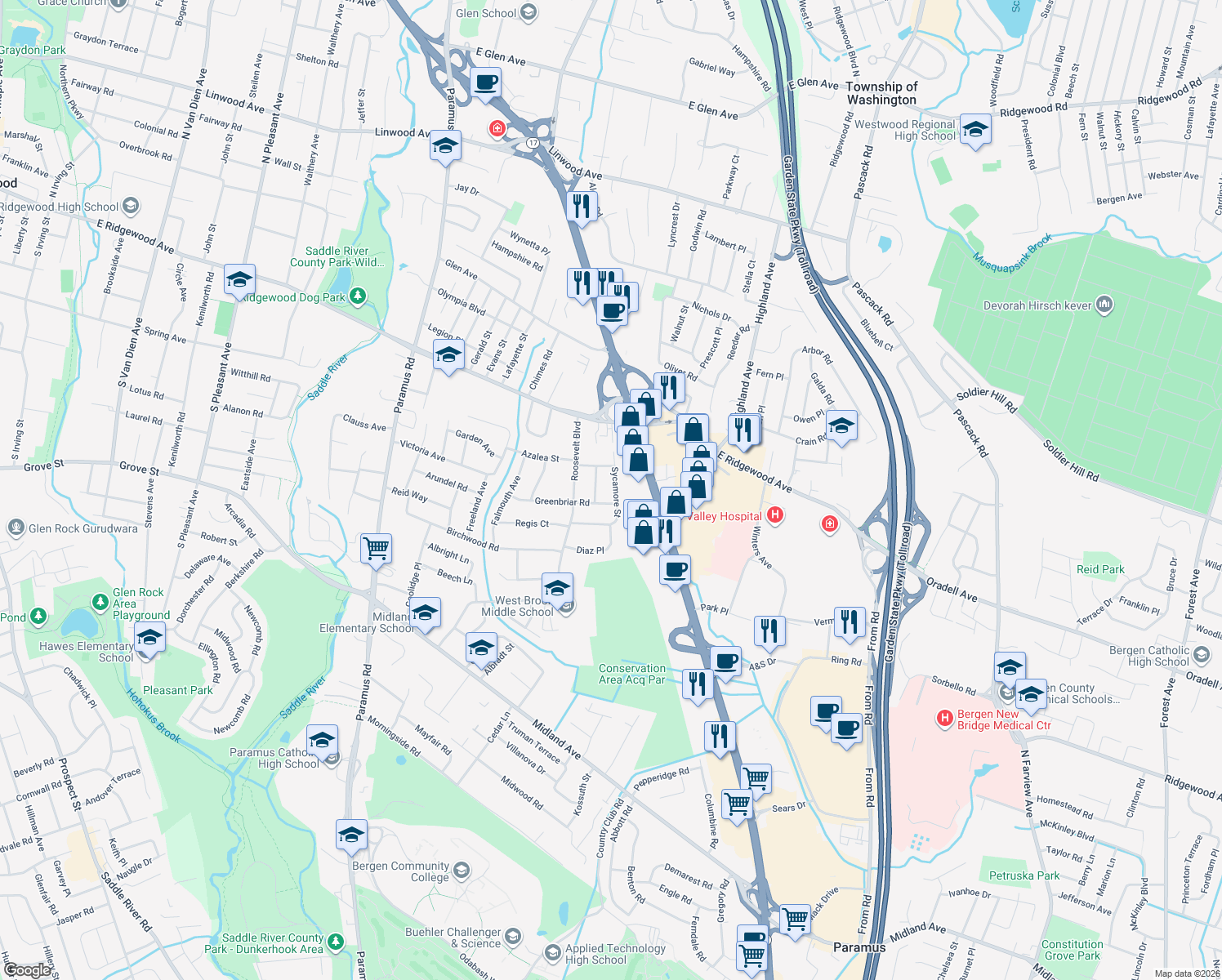 map of restaurants, bars, coffee shops, grocery stores, and more near 638 Sycamore Street in Paramus
