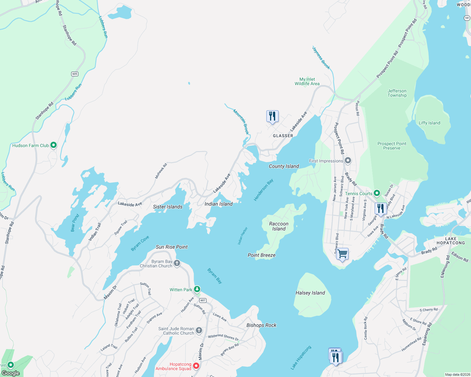 map of restaurants, bars, coffee shops, grocery stores, and more near 5 Skyline Drive in Hopatcong
