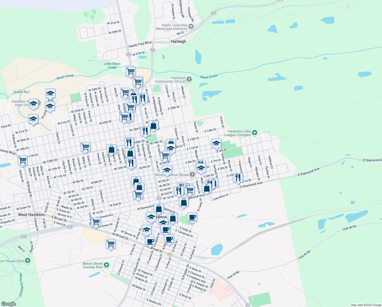 map of restaurants, bars, coffee shops, grocery stores, and more near 686 Seybert Street in Hazleton