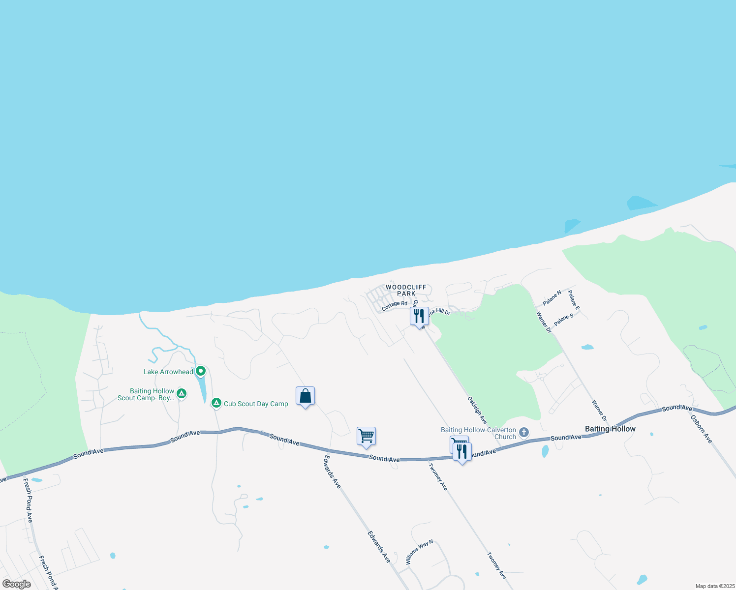 map of restaurants, bars, coffee shops, grocery stores, and more near 40 Hillcrest Drive in Calverton