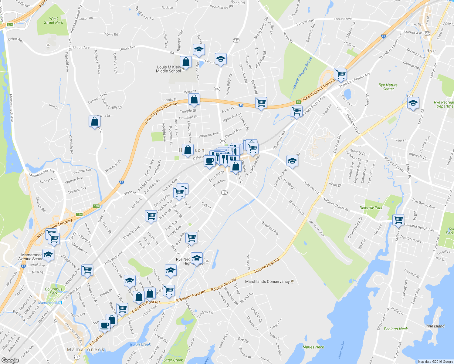 map of restaurants, bars, coffee shops, grocery stores, and more near 215 Park Avenue in Harrison