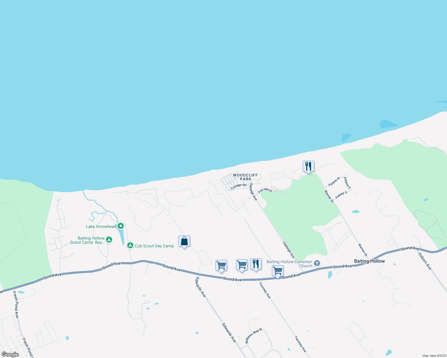map of restaurants, bars, coffee shops, grocery stores, and more near 40 Hillcrest Drive in Calverton