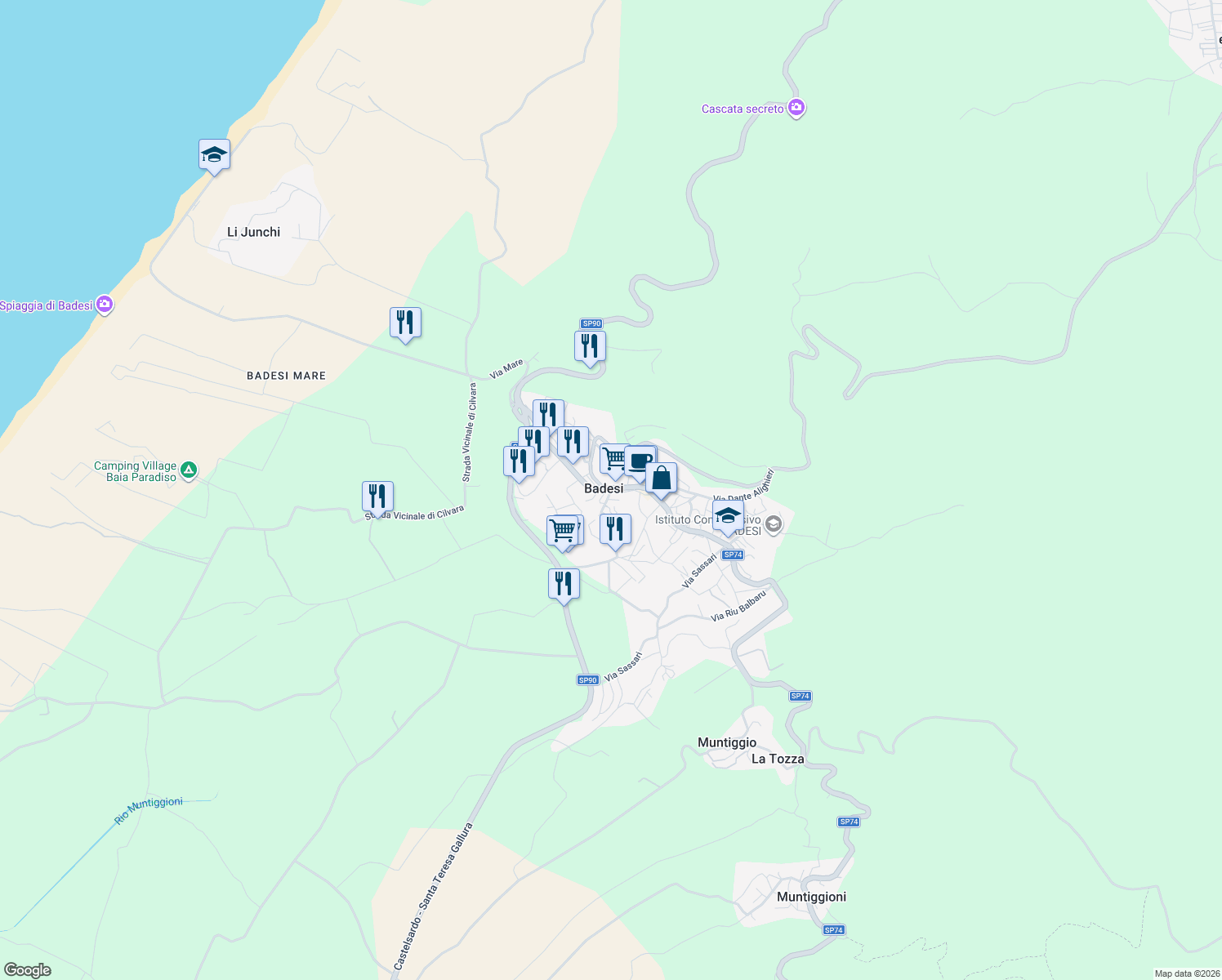 map of restaurants, bars, coffee shops, grocery stores, and more near 4 Via Guglielmo Marconi in Badesi