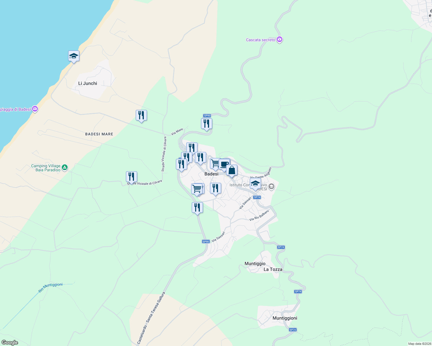 map of restaurants, bars, coffee shops, grocery stores, and more near 4 Via Guglielmo Marconi in Badesi