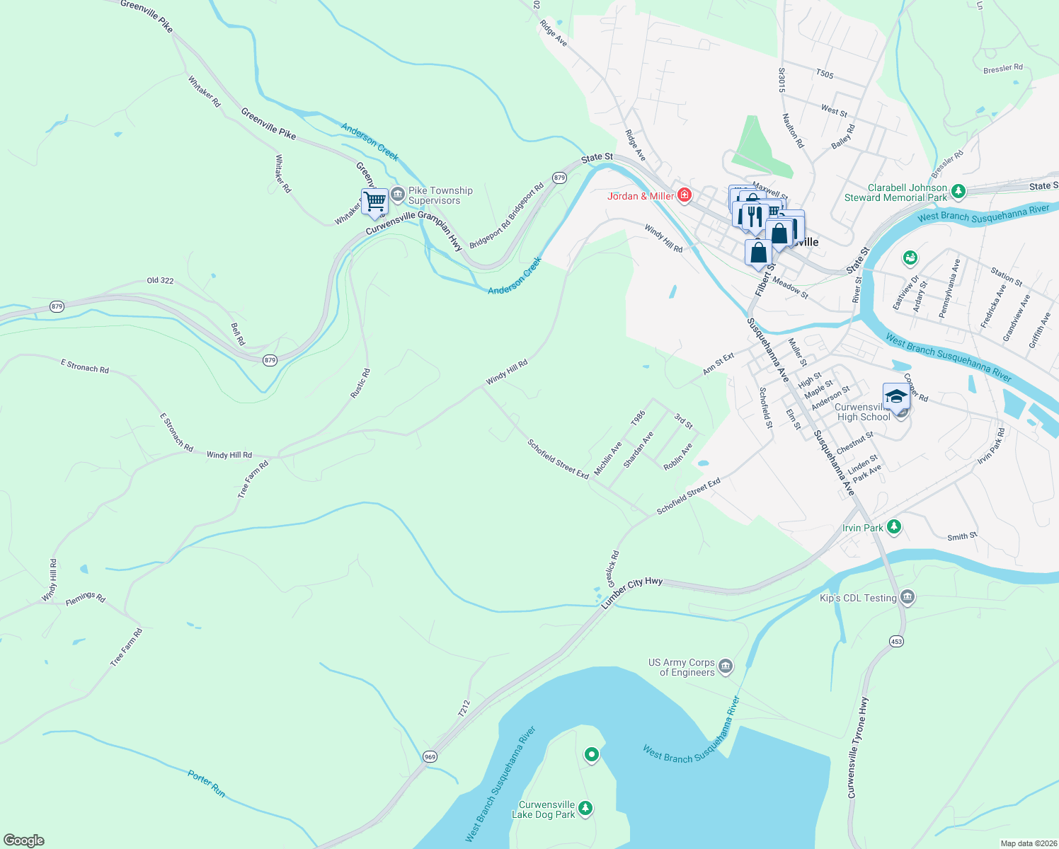 map of restaurants, bars, coffee shops, grocery stores, and more near 1835 Schofield Street Exd in Curwensville