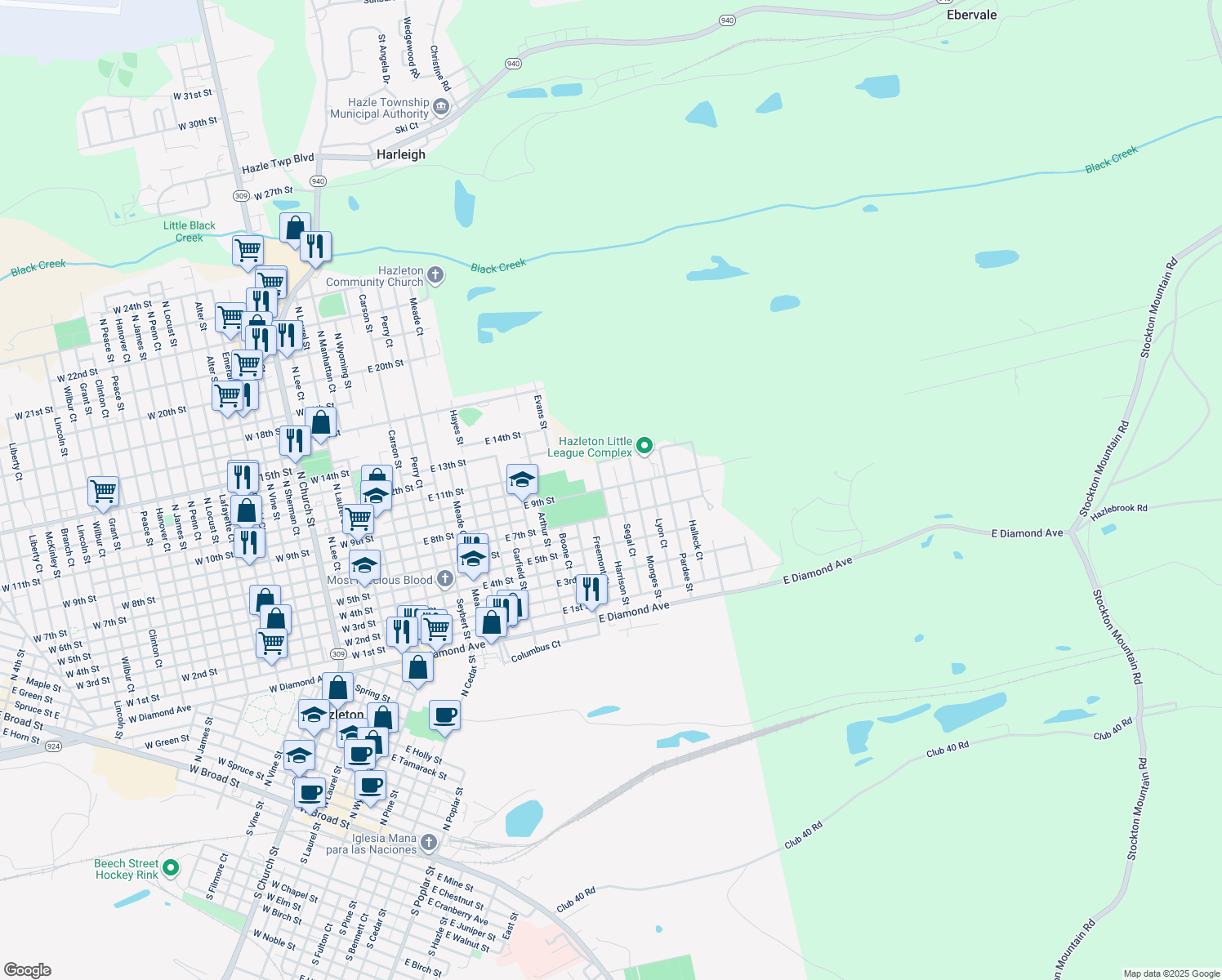 map of restaurants, bars, coffee shops, grocery stores, and more near 696 Monges Street in Hazleton