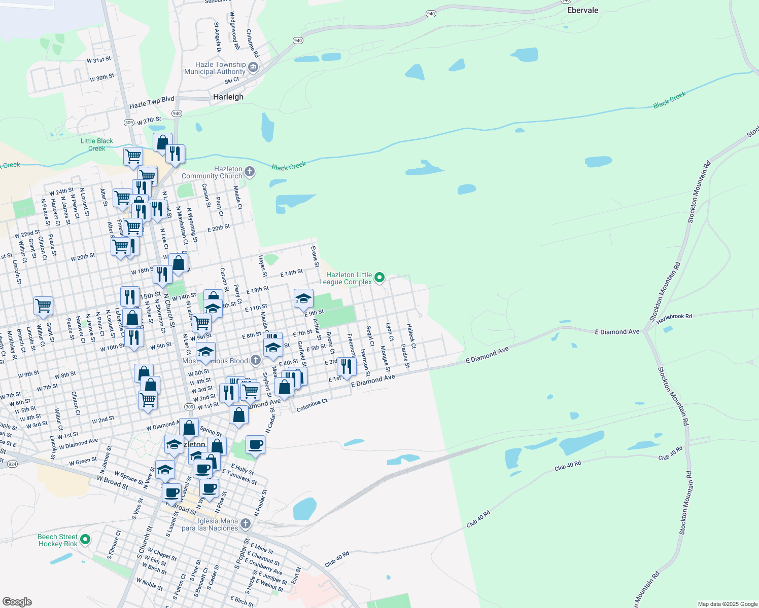 map of restaurants, bars, coffee shops, grocery stores, and more near 666 Pardee Street in Hazleton
