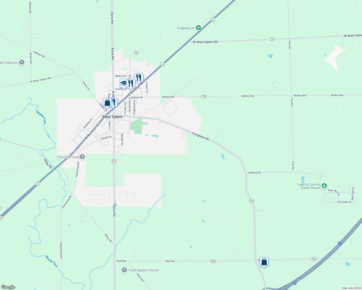 map of restaurants, bars, coffee shops, grocery stores, and more near 344 Congress Road in West Salem