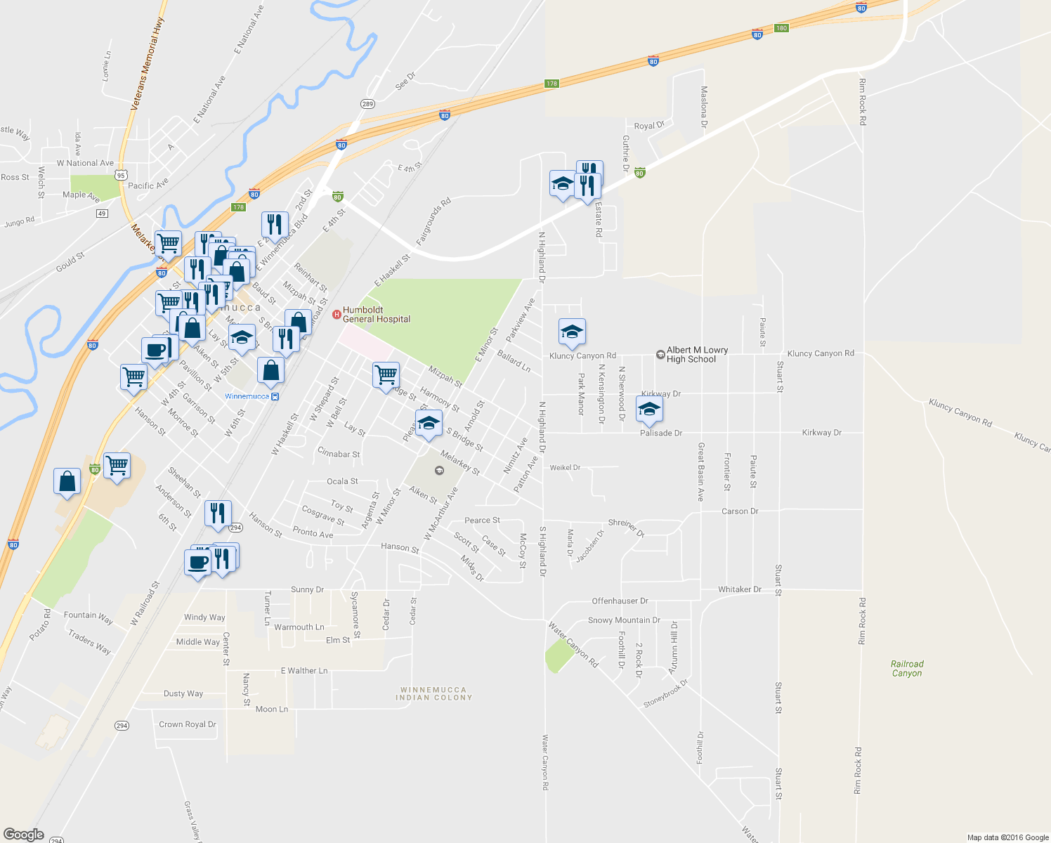 map of restaurants, bars, coffee shops, grocery stores, and more near 1855 Mizpah Street in Winnemucca