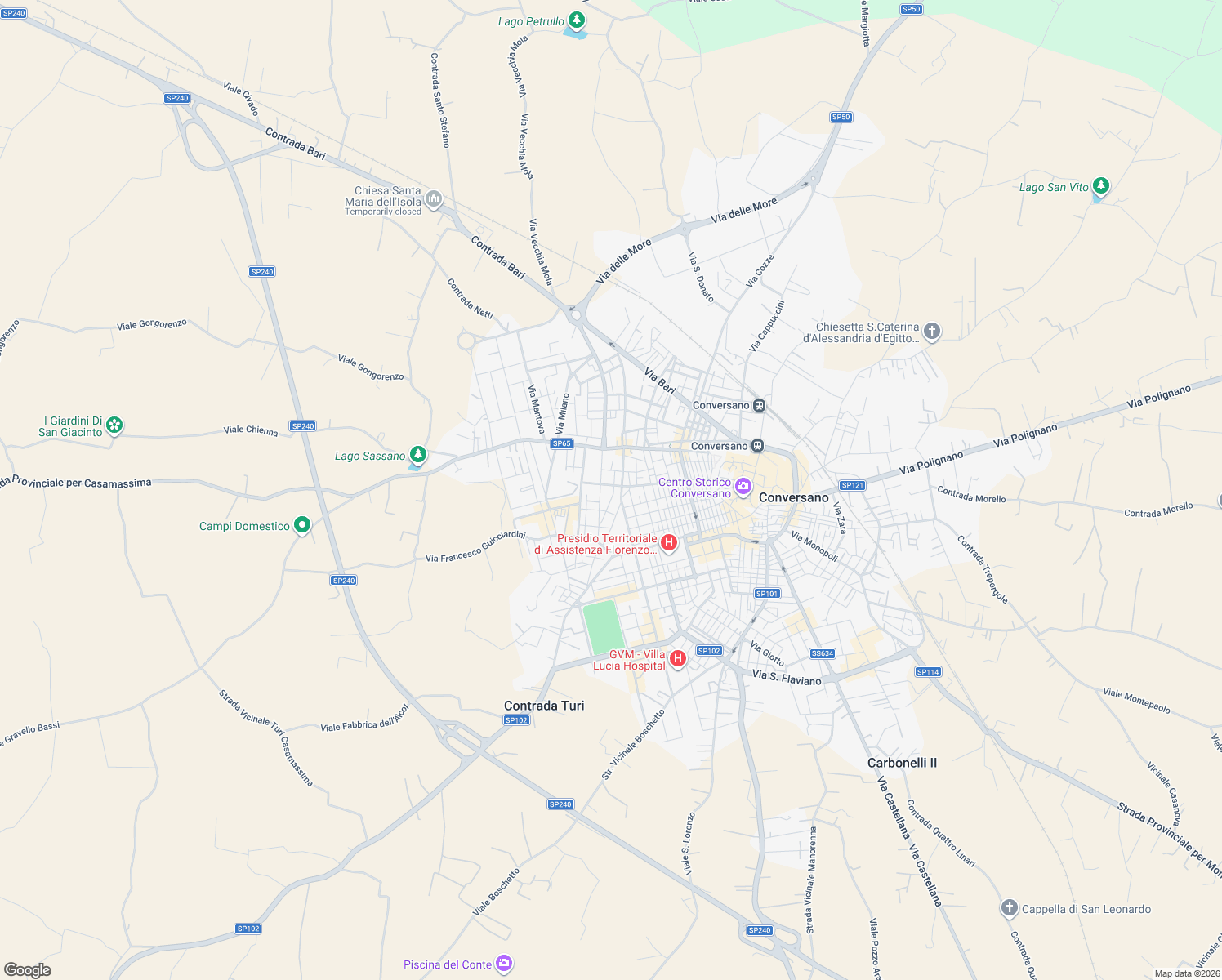 map of restaurants, bars, coffee shops, grocery stores, and more near 59 Via San Tommaso D'Aquino in Conversano