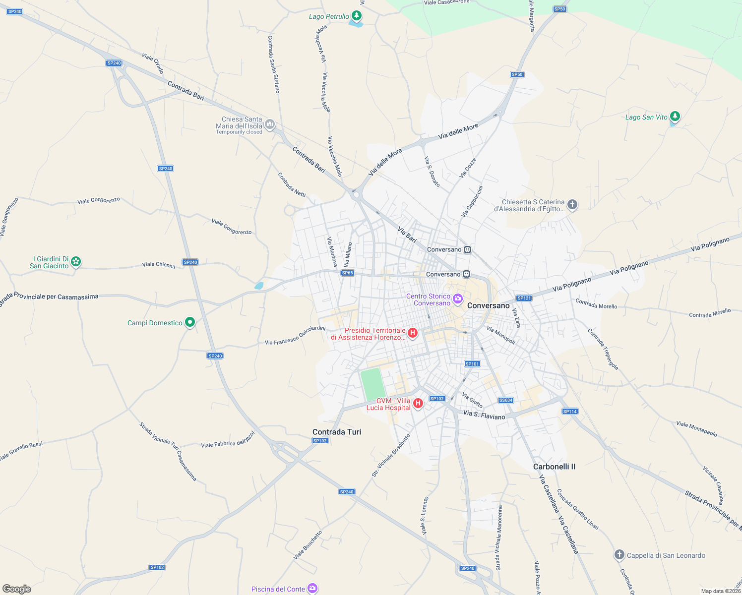 map of restaurants, bars, coffee shops, grocery stores, and more near 59 Via San Tommaso D'Aquino in Conversano