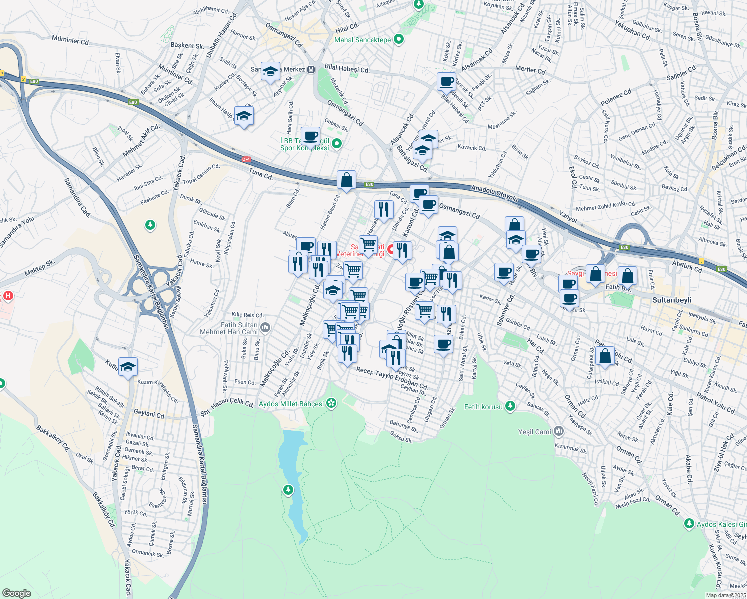 map of restaurants, bars, coffee shops, grocery stores, and more near Kanuni Caddesi in Sancaktepe