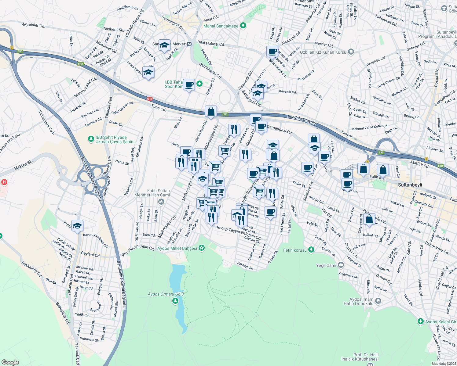 map of restaurants, bars, coffee shops, grocery stores, and more near Kanuni Caddesi in Sancaktepe