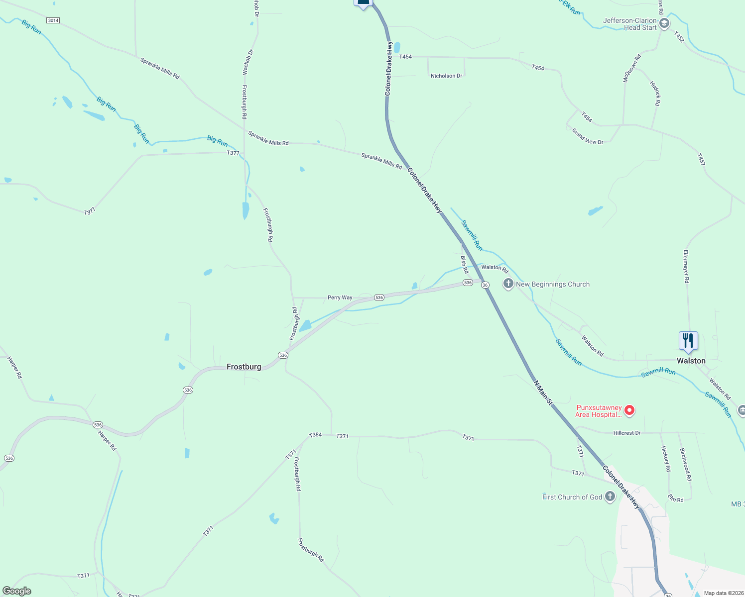 map of restaurants, bars, coffee shops, grocery stores, and more near 13439 Pennsylvania 536 in Punxsutawney