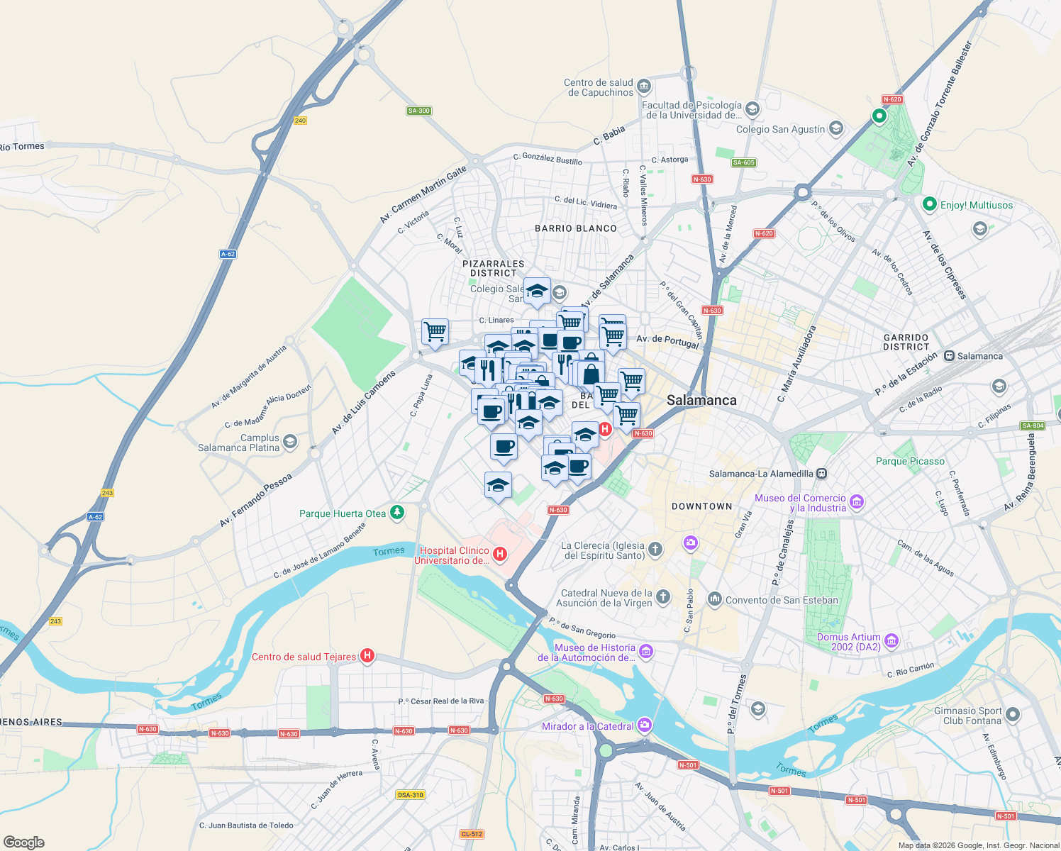 map of restaurants, bars, coffee shops, grocery stores, and more near Calle Arapiles in Salamanca