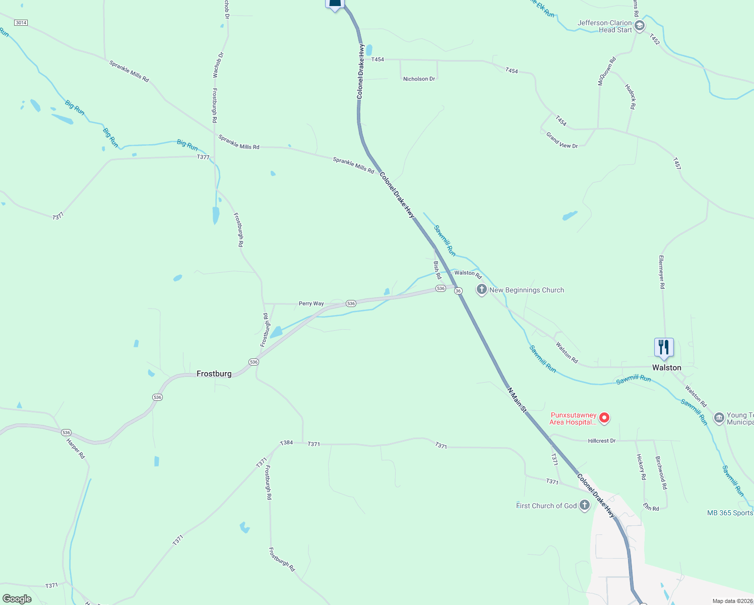 map of restaurants, bars, coffee shops, grocery stores, and more near 13439-13629 Highway 536 in Punxsutawney