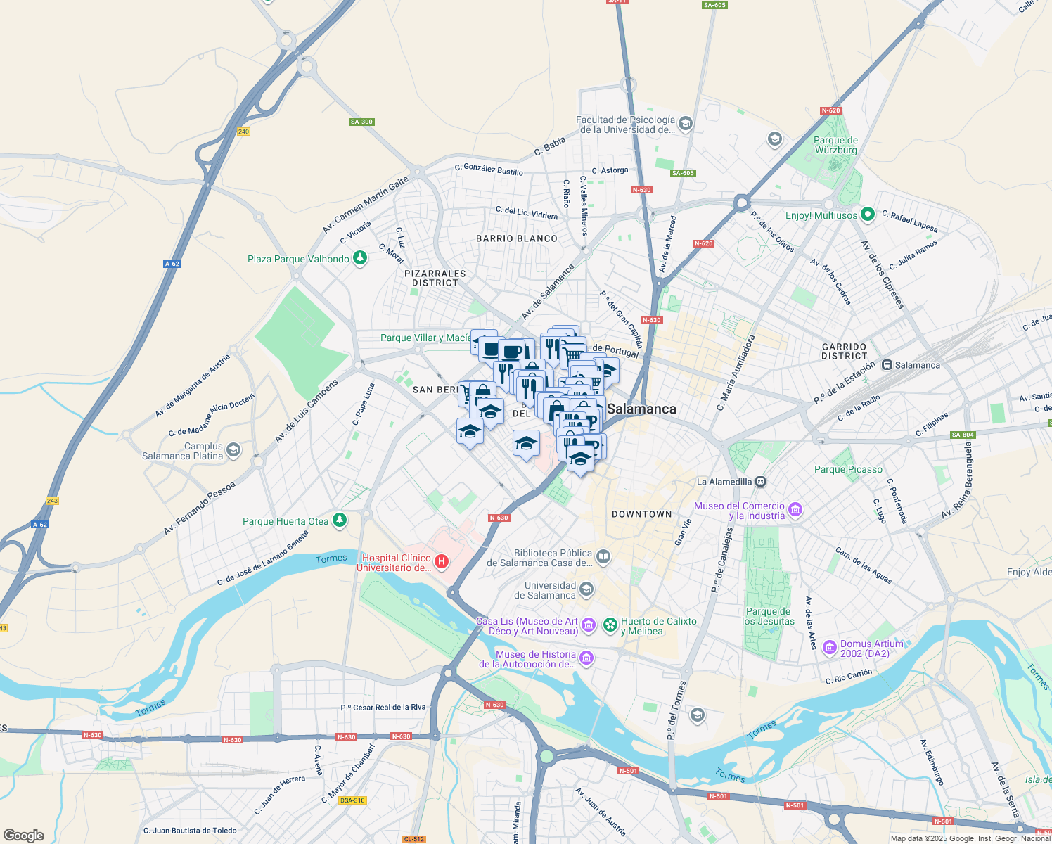 map of restaurants, bars, coffee shops, grocery stores, and more near Calle Edison in Salamanca