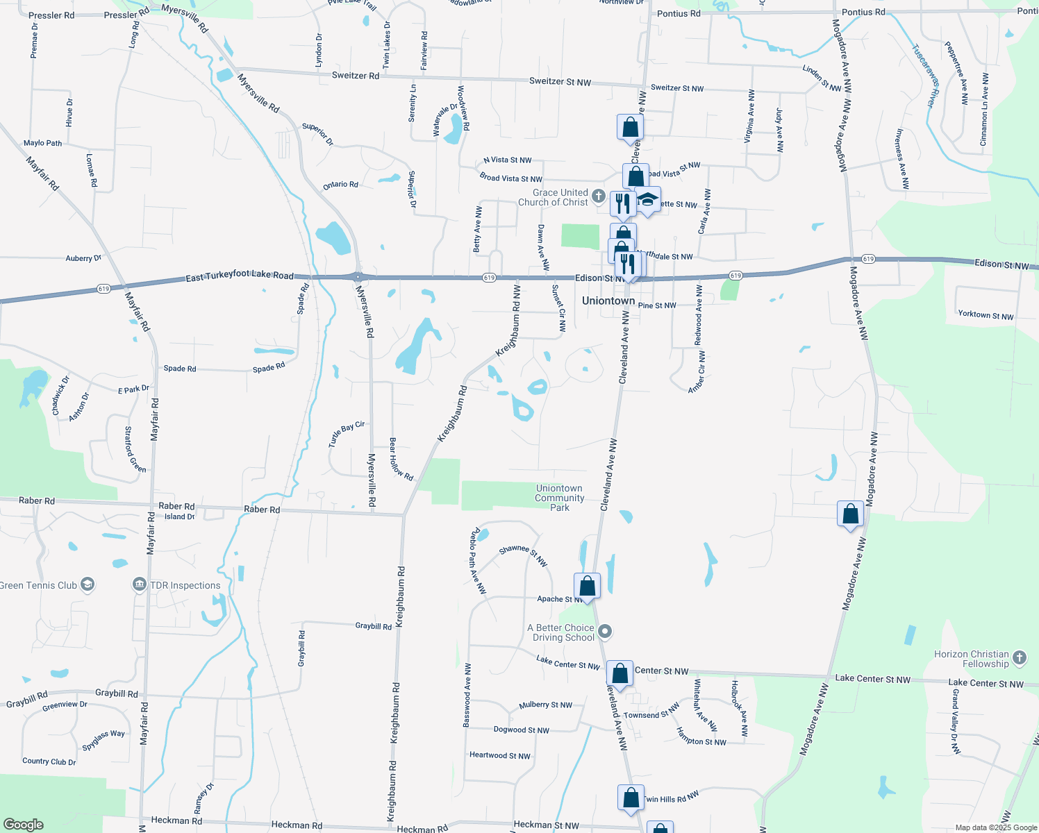 map of restaurants, bars, coffee shops, grocery stores, and more near 3863 Lakeland St NW in Uniontown