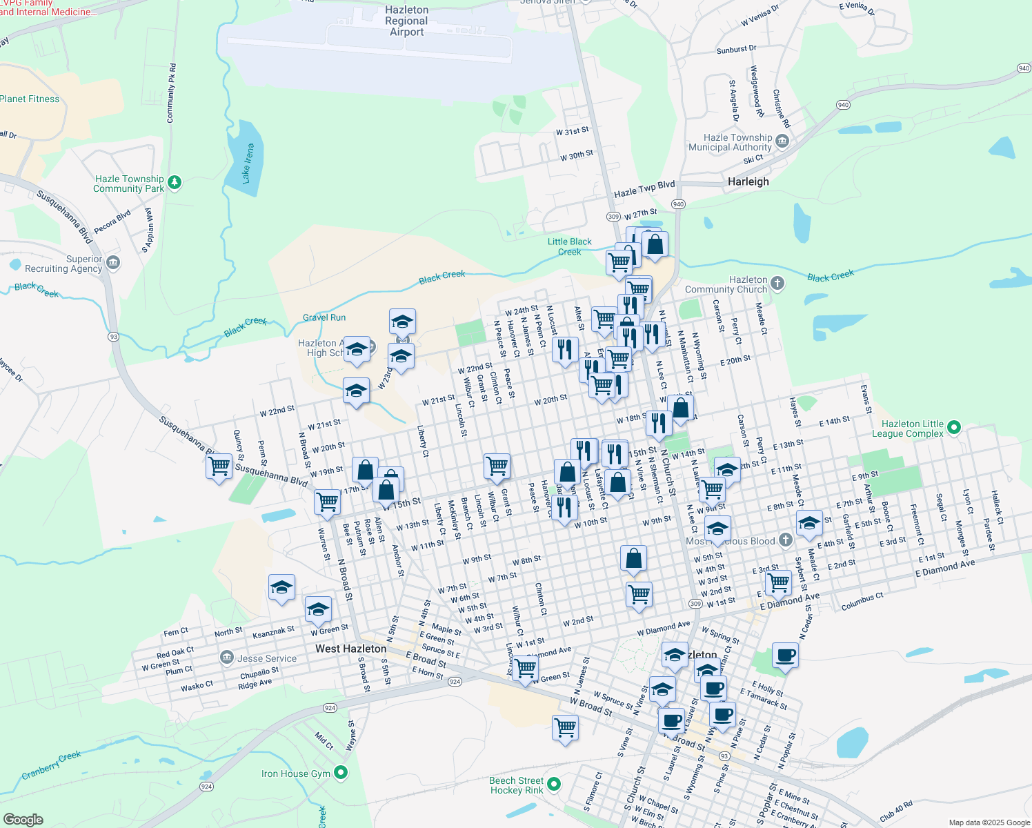 map of restaurants, bars, coffee shops, grocery stores, and more near 903 Peace Street in Hazleton