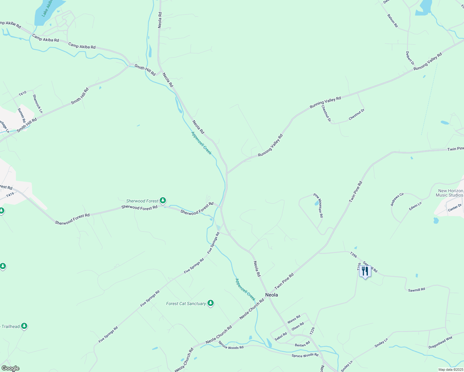 map of restaurants, bars, coffee shops, grocery stores, and more near 5802 Neola Road in Stroudsburg