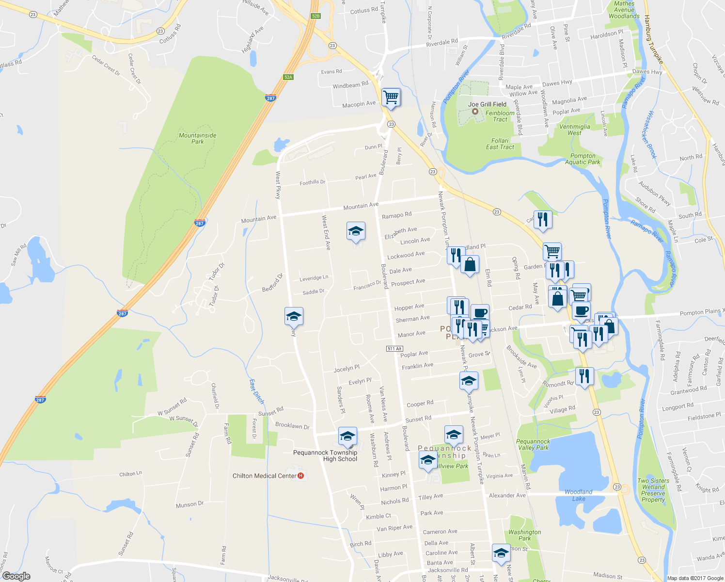 map of restaurants, bars, coffee shops, grocery stores, and more near 7 Francisco Drive in Pequannock Township