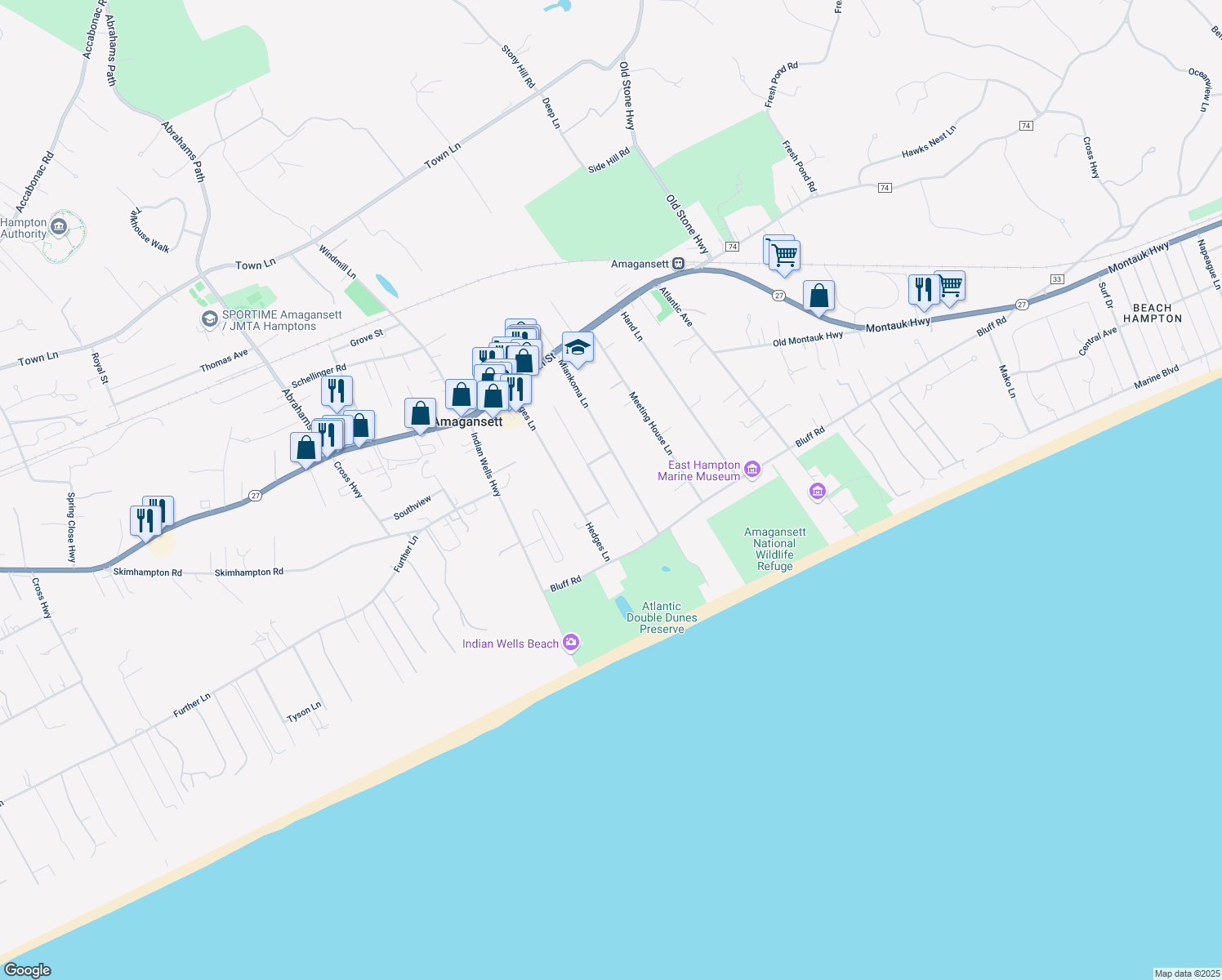 map of restaurants, bars, coffee shops, grocery stores, and more near 26 Gansett Lane in Amagansett