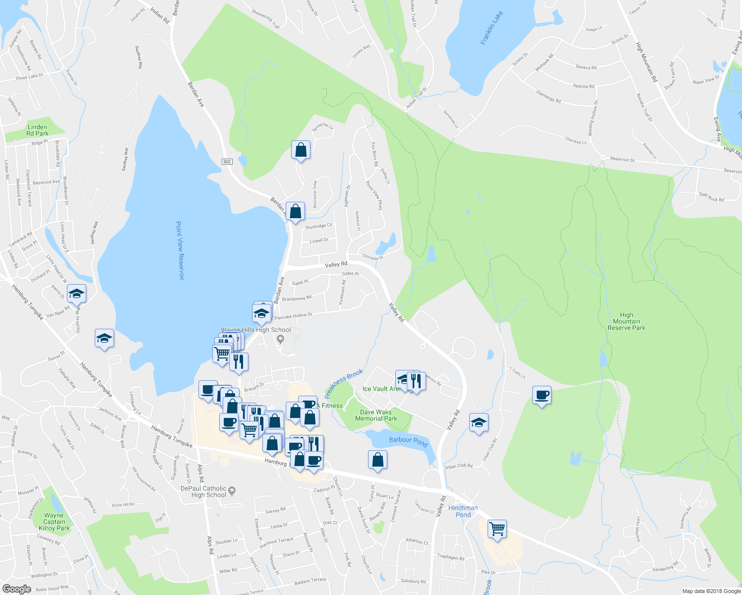 map of restaurants, bars, coffee shops, grocery stores, and more near 106 Pancake Hollow Drive in Wayne