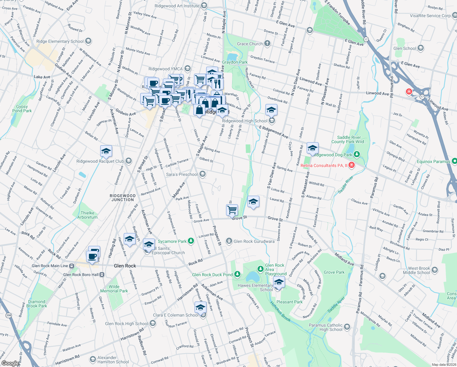 map of restaurants, bars, coffee shops, grocery stores, and more near 286 S Irving St in Ridgewood