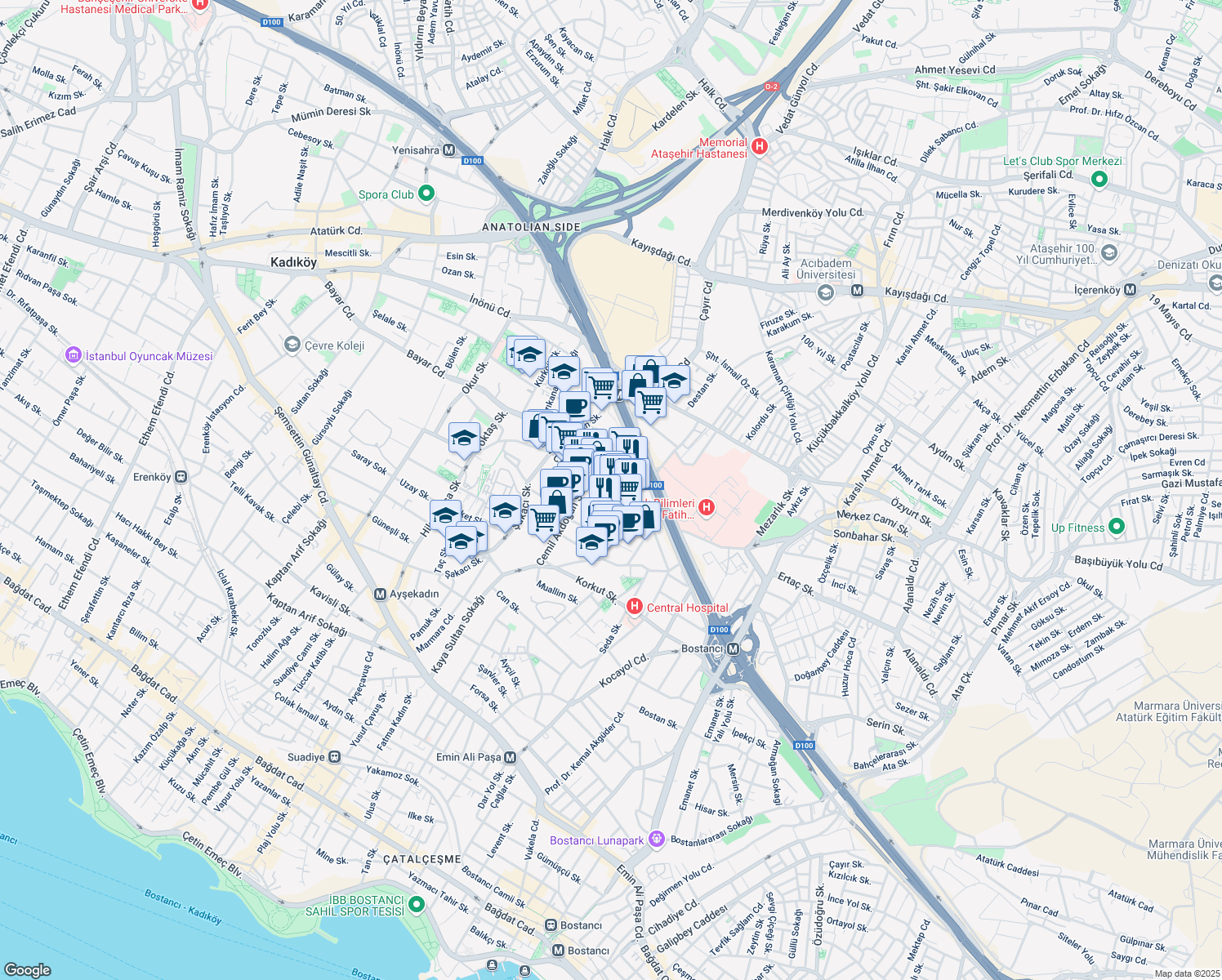 map of restaurants, bars, coffee shops, grocery stores, and more near 103 Bayar Caddesi in Istanbul