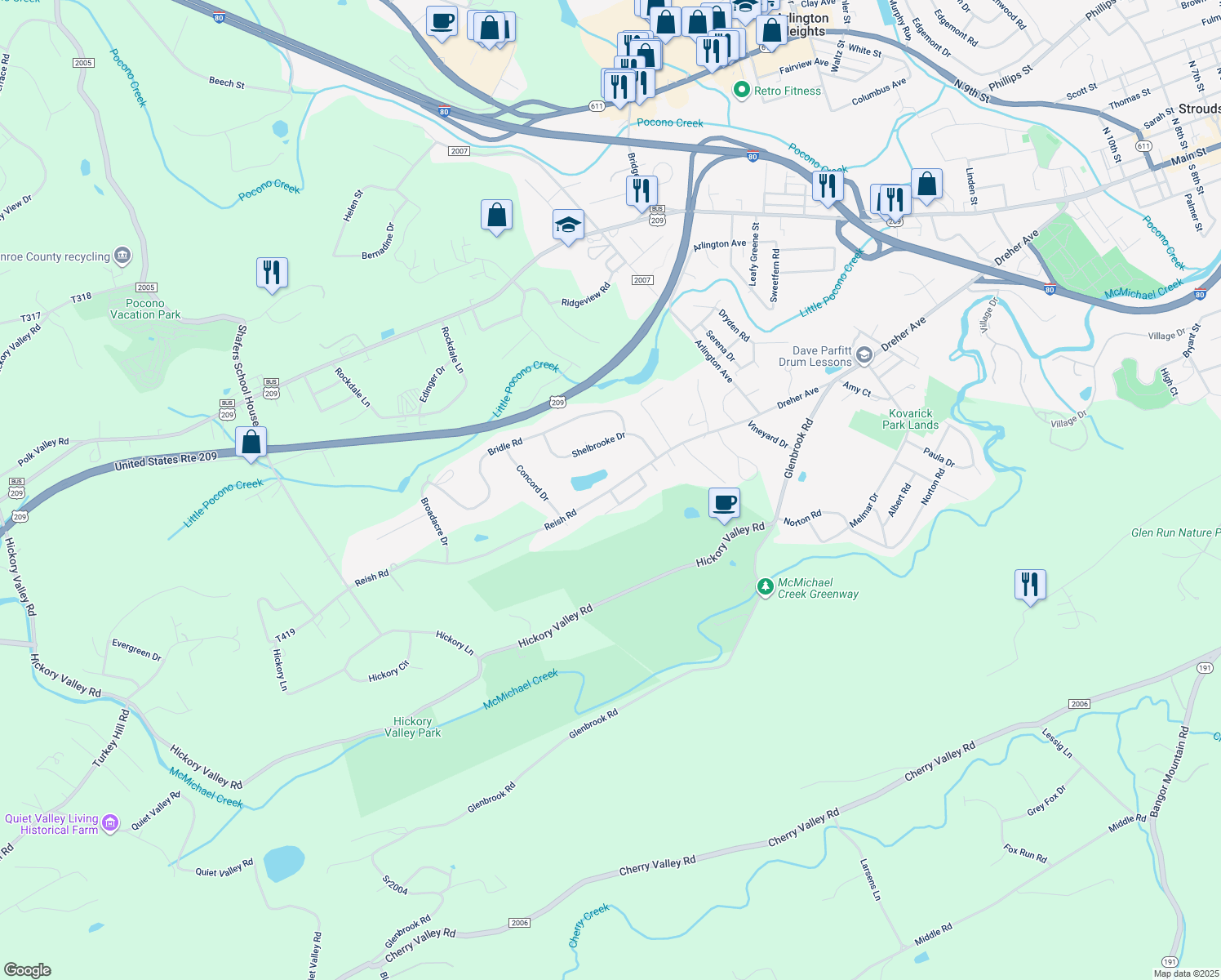 map of restaurants, bars, coffee shops, grocery stores, and more near Fox Circle in Stroudsburg