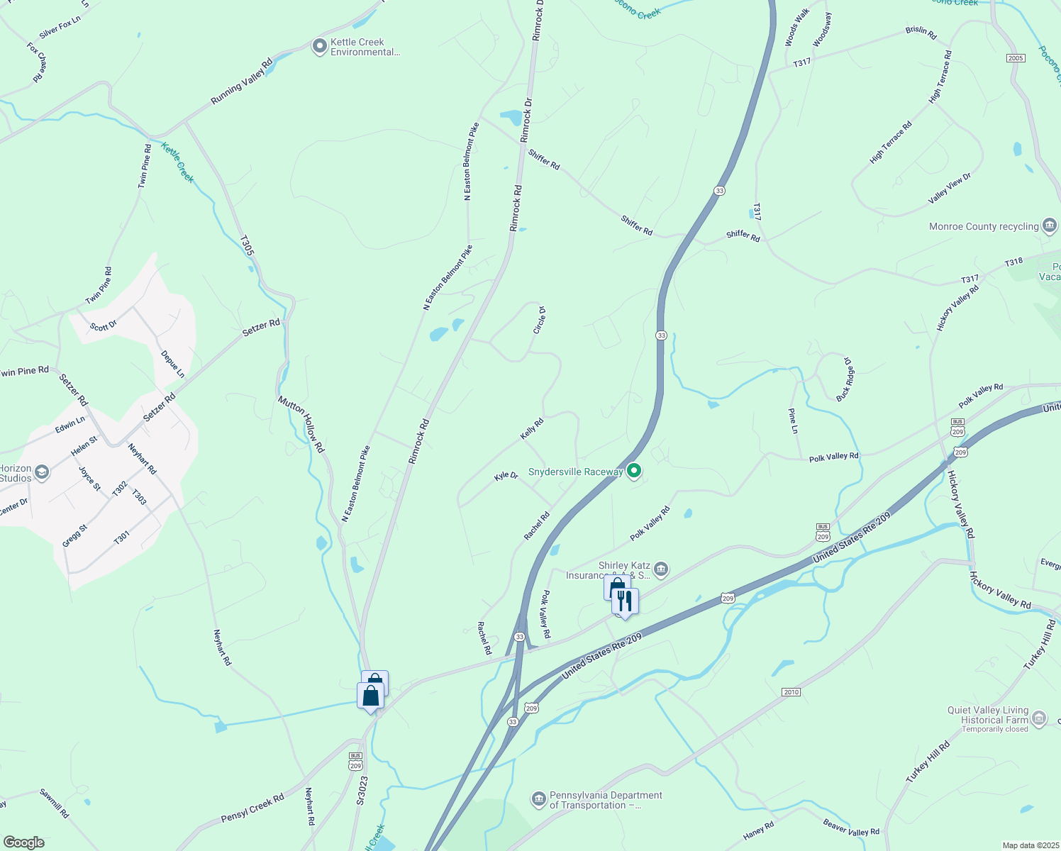 map of restaurants, bars, coffee shops, grocery stores, and more near 107 Kelly Rd in Stroudsburg