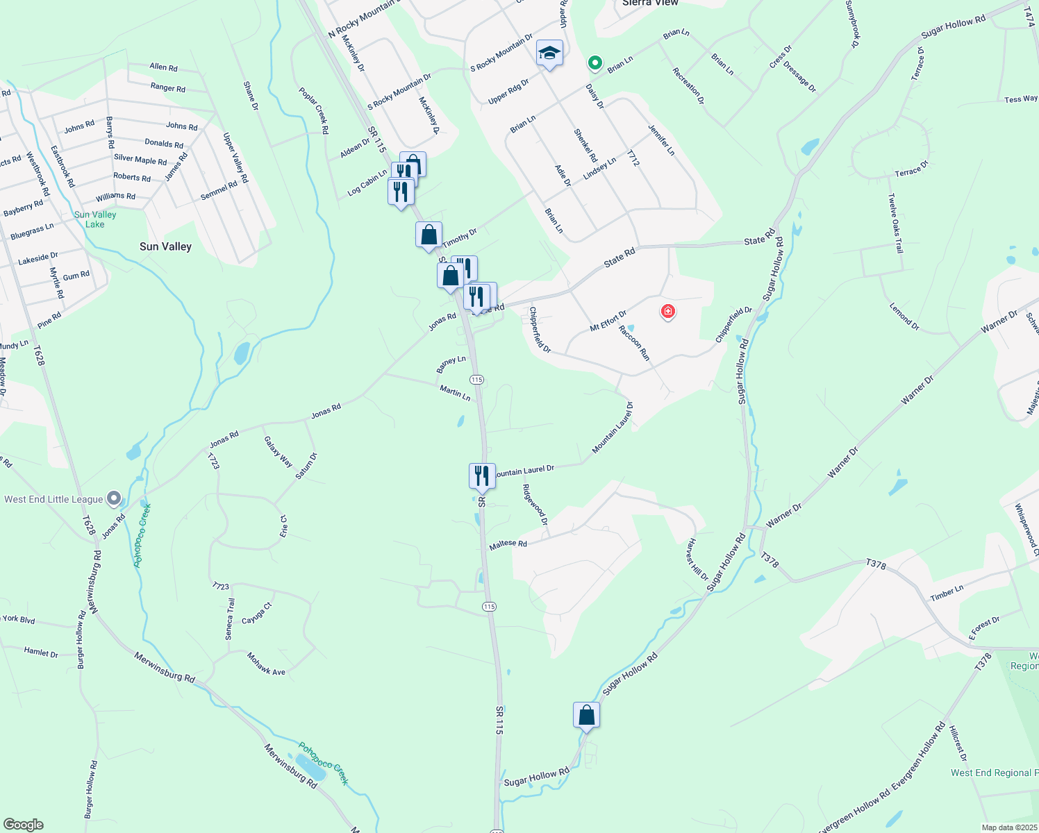 map of restaurants, bars, coffee shops, grocery stores, and more near 131 Arlene Drive in Effort