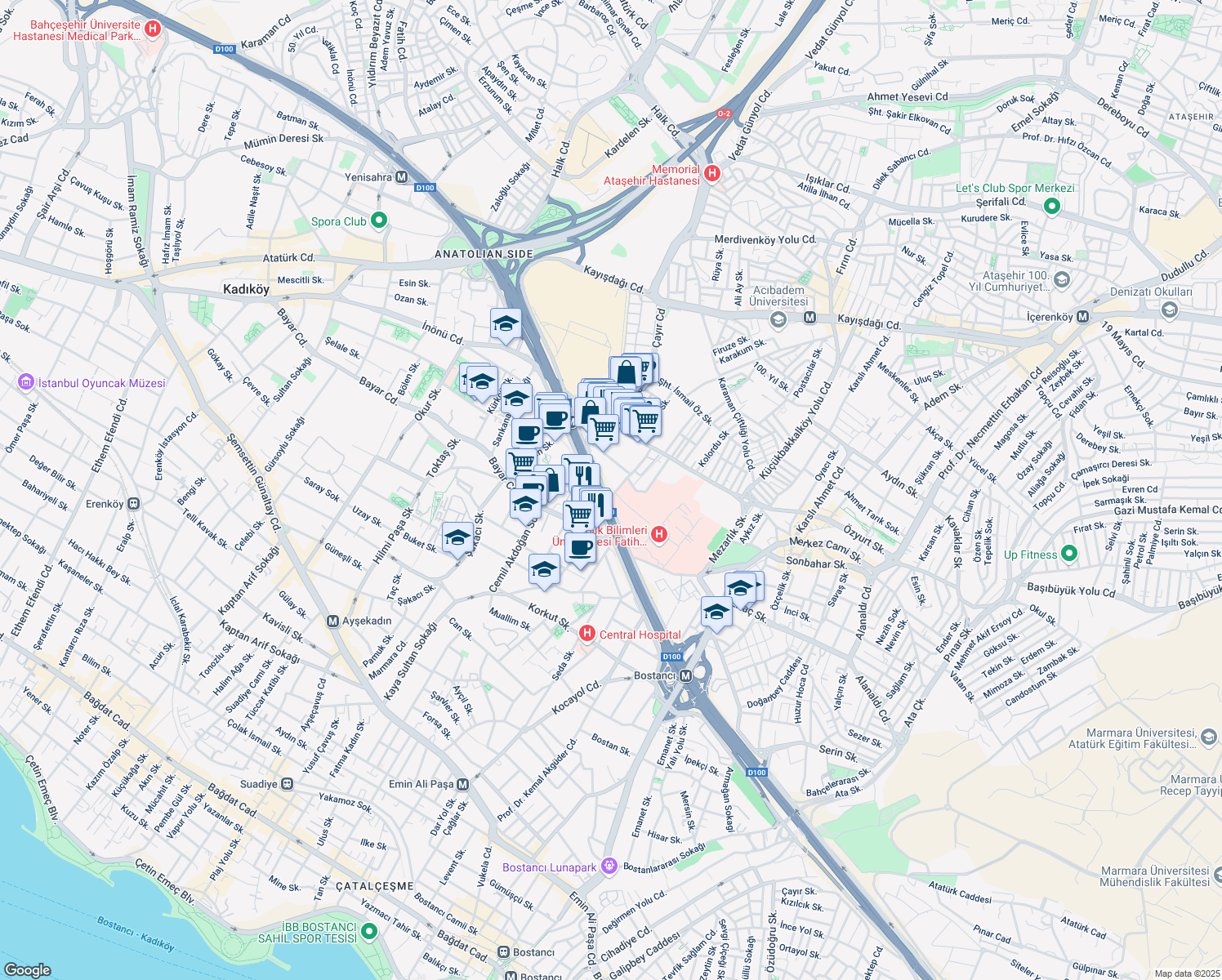 map of restaurants, bars, coffee shops, grocery stores, and more near 34 Umut Sokak in Ataşehir
