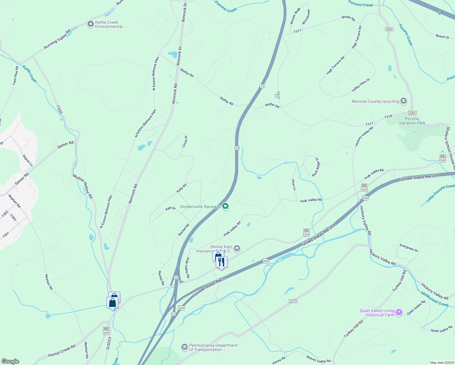 map of restaurants, bars, coffee shops, grocery stores, and more near 2213 Shafer Road in Stroudsburg