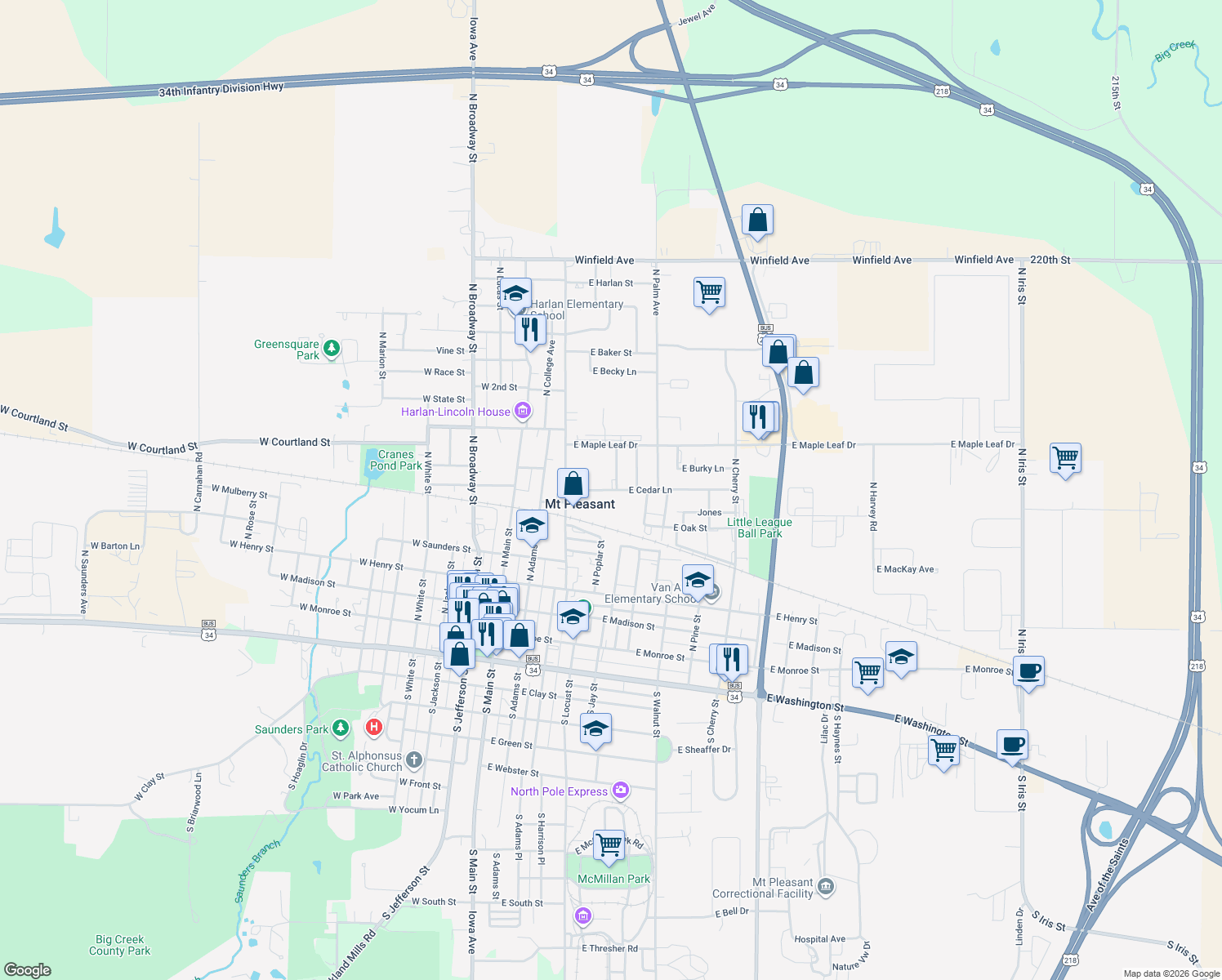 map of restaurants, bars, coffee shops, grocery stores, and more near 479 E Cedar Ln in Mt Pleasant