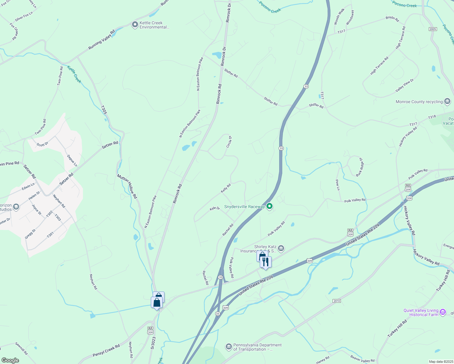 map of restaurants, bars, coffee shops, grocery stores, and more near 107 Kelly Rd in Stroudsburg