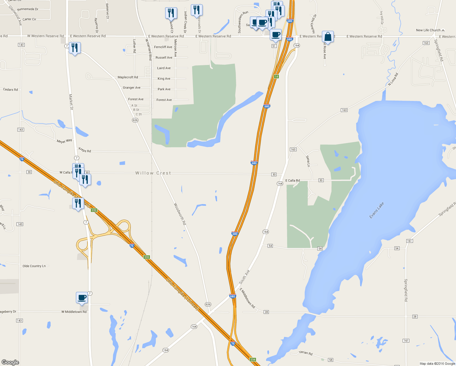 map of restaurants, bars, coffee shops, grocery stores, and more near 745 East Calla Road in Poland