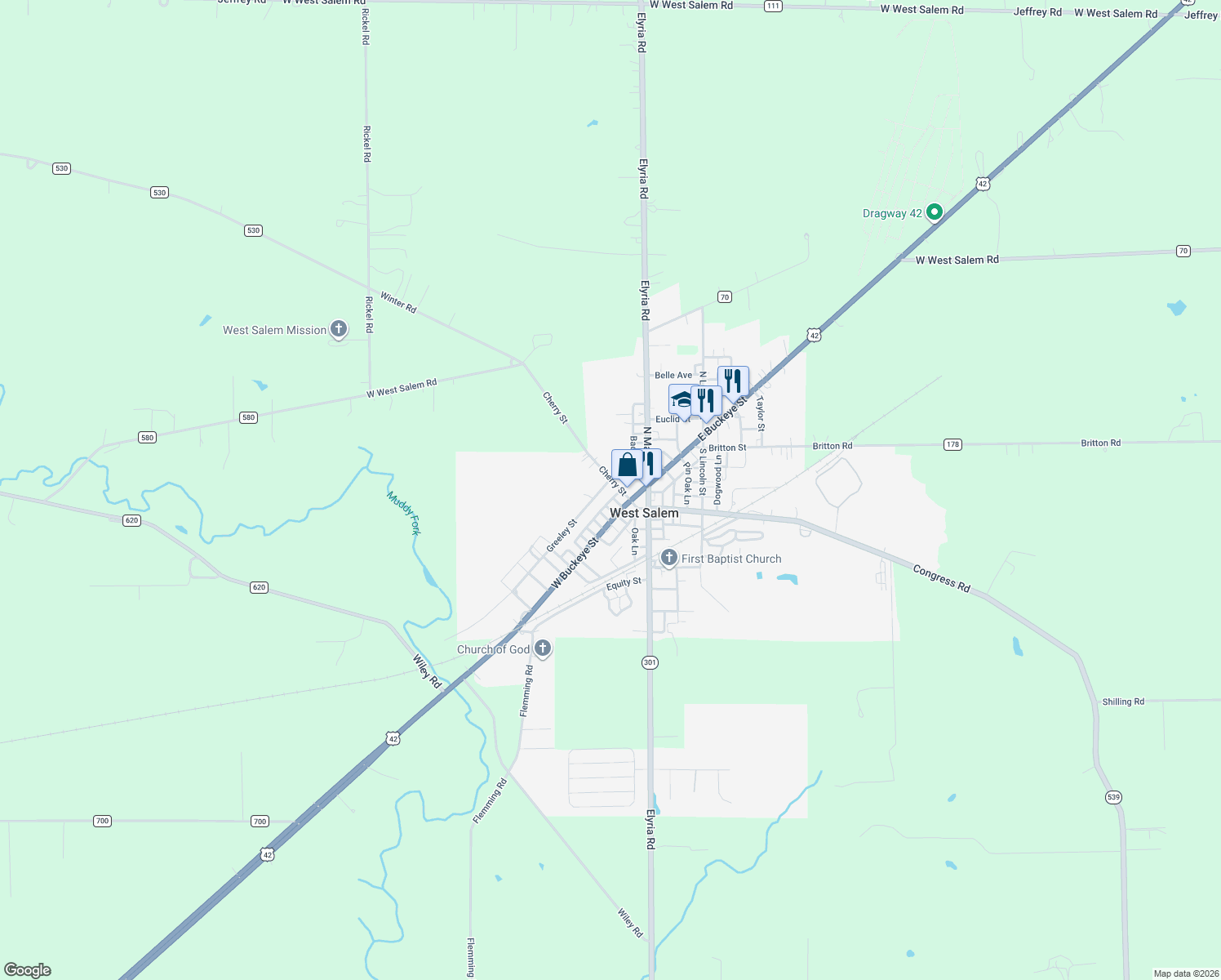 map of restaurants, bars, coffee shops, grocery stores, and more near 28 Cherry Street in West Salem