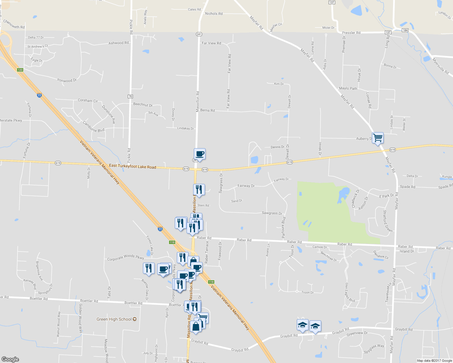map of restaurants, bars, coffee shops, grocery stores, and more near 1557 Sawgrass Drive in Uniontown