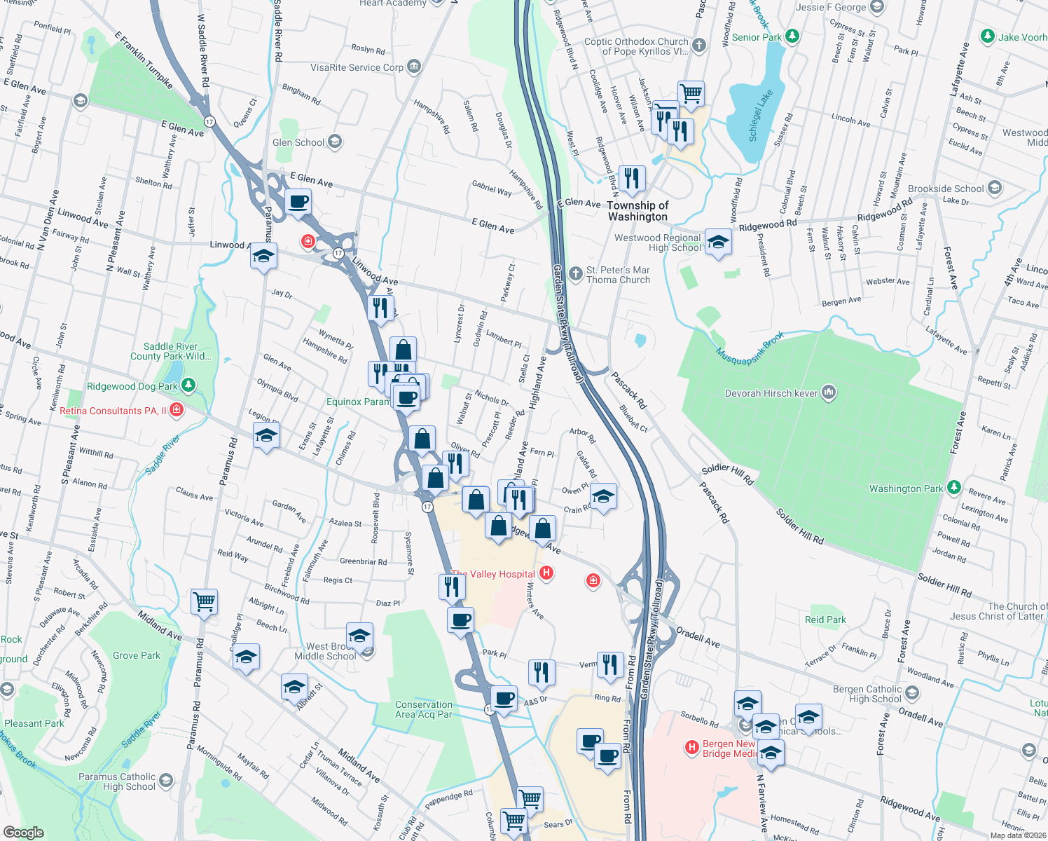 map of restaurants, bars, coffee shops, grocery stores, and more near 767 Highland Avenue in Paramus