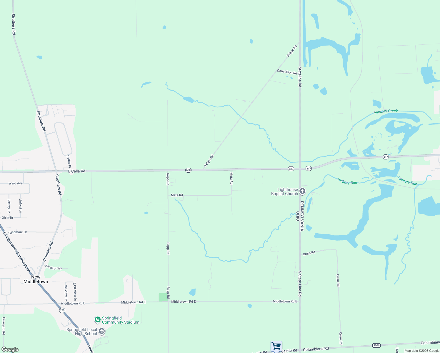 map of restaurants, bars, coffee shops, grocery stores, and more near 6399 East Calla Road in New Middletown
