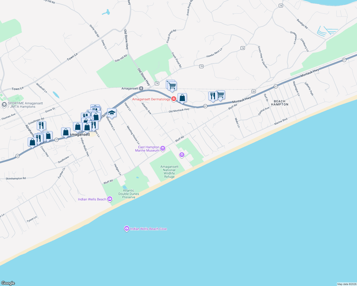 map of restaurants, bars, coffee shops, grocery stores, and more near 255 Bluff Road in Amagansett