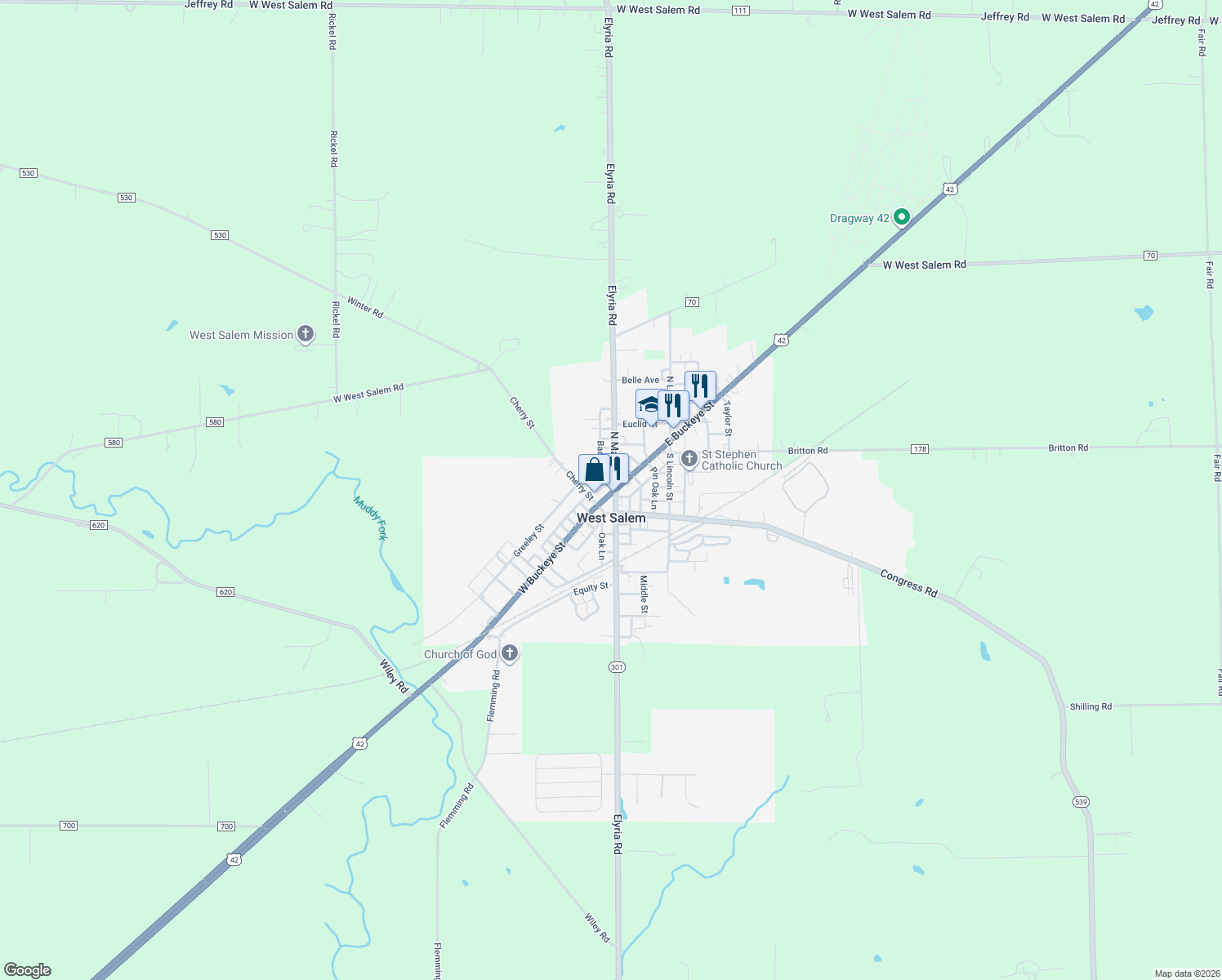map of restaurants, bars, coffee shops, grocery stores, and more near 5 W Buckeye St in West Salem