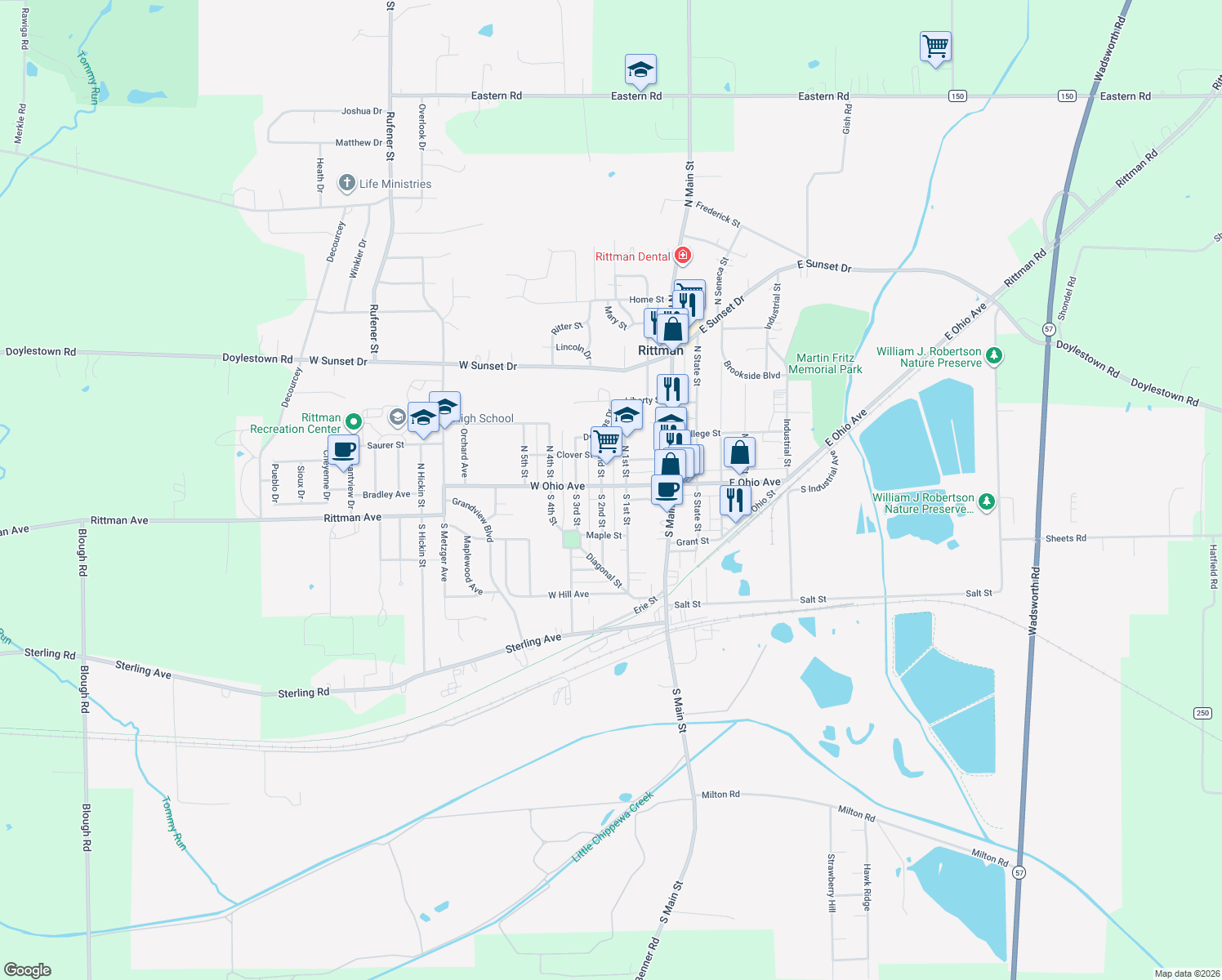 map of restaurants, bars, coffee shops, grocery stores, and more near 90 W Ohio Ave in Rittman